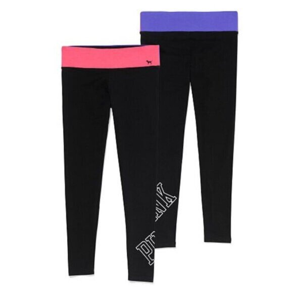 VS PINK VICTORIA'S SECRET PINK Yoga Black Colorblock Waistband Spellout Leggings - Picture 1 of 10